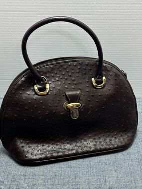 Classic Women's Top-Handle Ostrich-Texture Handbag in Dark Brown